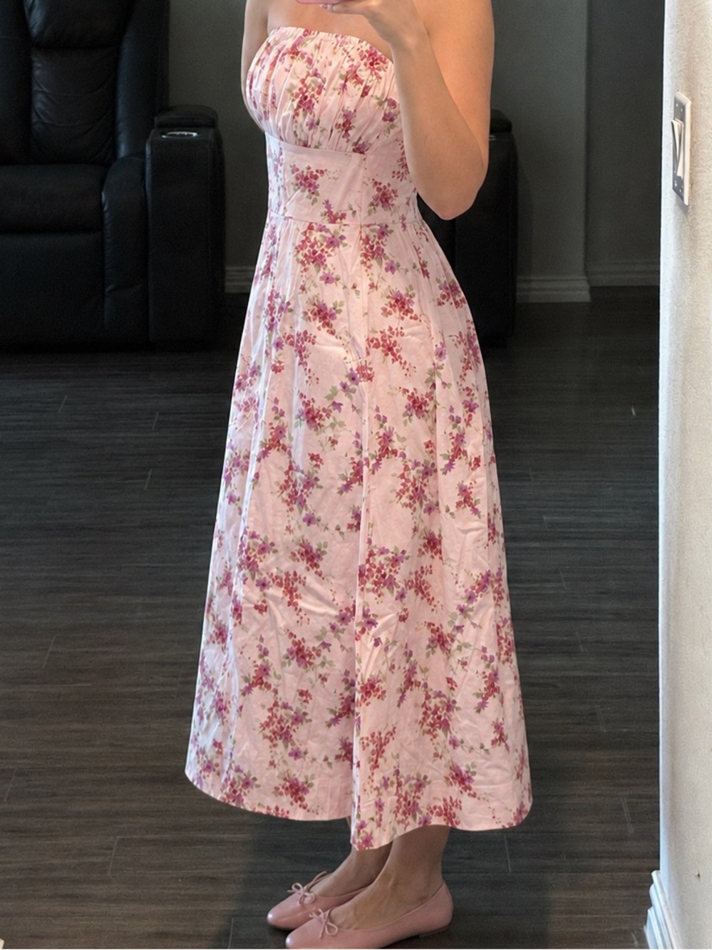 Beautiful Strapless Pink Floral Midi Dress